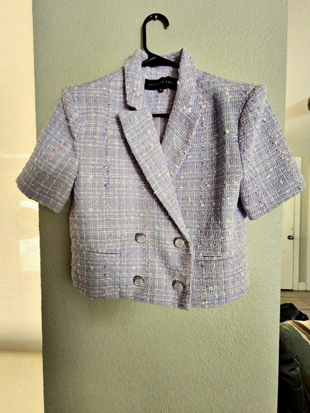 endless rose Tweed Short-Sleeve Blazer in Purple & White Size Medium